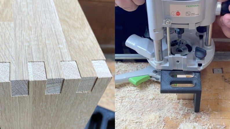 May include: Close-up of a wooden board with a finger joint, showing the individual pieces of wood that have been joined together. A router is shown in the background, being used to create a similar joint.