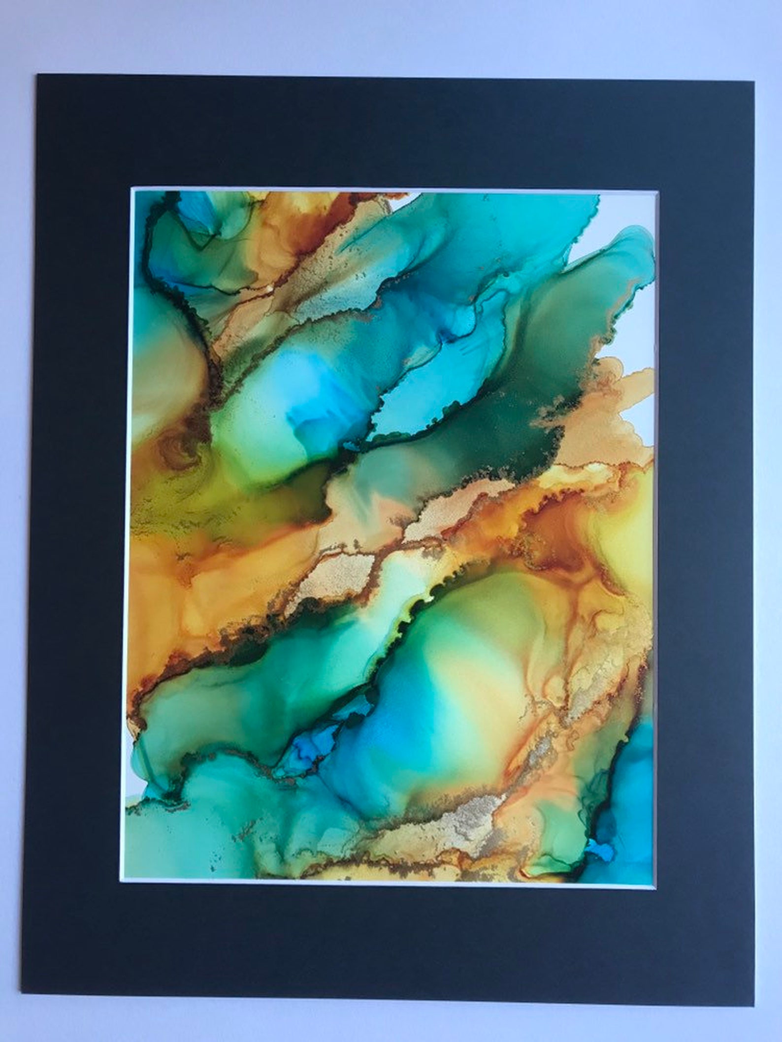9x12 Alcohol Ink Art Original Abstract Art Teal Mustard Etsy