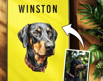 Peut inclure: Une impression d'art encadrée représentant un portrait de Doberman Pinscher sur fond jaune. Le nom du chien, "WINSTON", est imprimé en noir en haut. Une petite photo du chien est à côté de l'impression encadrée. L'œuvre est exposée près d'une plante en pot.