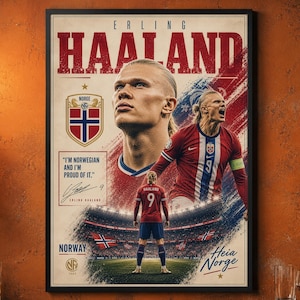 May include: A framed poster featuring Erling Haaland with the text ERLING HAALAND, I'M NORWEGIAN AND I'M PROUD OF IT, NORWAY, and HEIA NORGE. The design includes a portrait, a player in a red and blue jersey, and a stadium scene with a Norway flag.