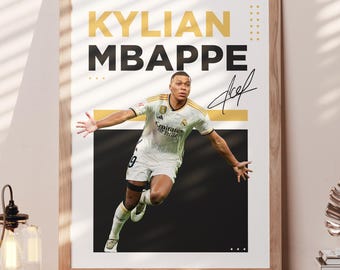 Digital väggkonst för Kylian Mbappé, fotbollsaffisch för Real Madrid, nedladdning av Mbappé PNG, modern inredning för sportrum, utskrivbar konst för idrottare
