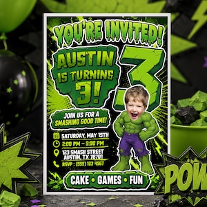 Hulk Birthday Invite, Custom Face Invite, Superhero Party Card, Green Hero Invite, Smash Birthday Card, Boy Party Invitation, Photo Invite