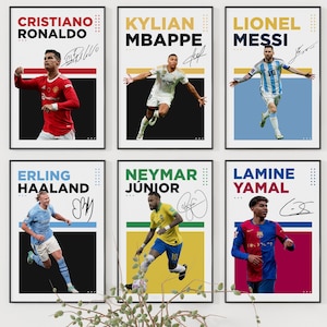 Fußballstars digitales Poster Bundle, Ronalo Messi Neymar Mbappe Haaland Yamal Wandkunst Set, Fußballfan PNG Download, druckbares Geschenkpaket