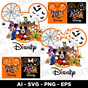 Mickey Minnie Halloween SVG PNG EPS | Pakiet Disney Cukierek albo psikus | Projekt koszulki z motywem zamku Spooky Friends | Pobieranie dopasowania rodzinnego