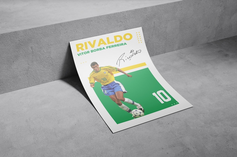 May include: A poster featuring Brazilian soccer player Rivaldo in a yellow and blue uniform, kicking a soccer ball. The poster has a green and white background with the number 10 and the player's signature.