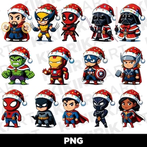 Op de afbeelding: Een verzameling van veertien chibi-stijl illustraties van superhelden en schurken, elk met een kerstmuts versierd met kleurrijke kerstverlichting. De personages zijn onder andere Doctor Strange, Wolverine, Deadpool, Darth Vader, Hulk, Iron Man, Captain America, Thor, Spider-Man, Batman, Superman, Black Panther en Captain Marvel.