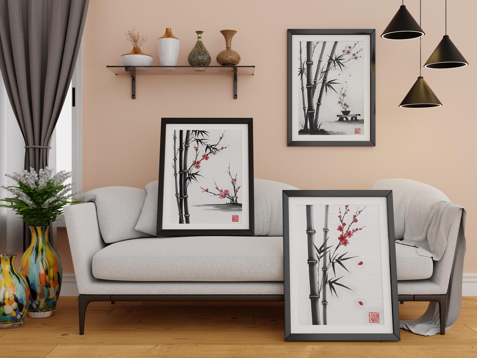 Japanese Sumi-e Wall Art Set, Minimalist Bamboo Ink Wash Print,wabi ...