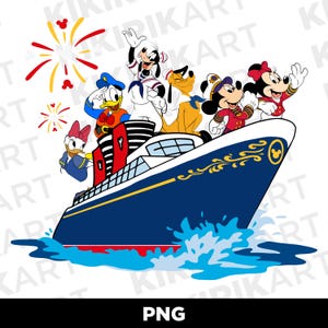 May include: A blue and yellow cartoon ship with Mickey Mouse and other Disney characters on board. The ship is sailing on blue water with white waves. There are fireworks in the background.