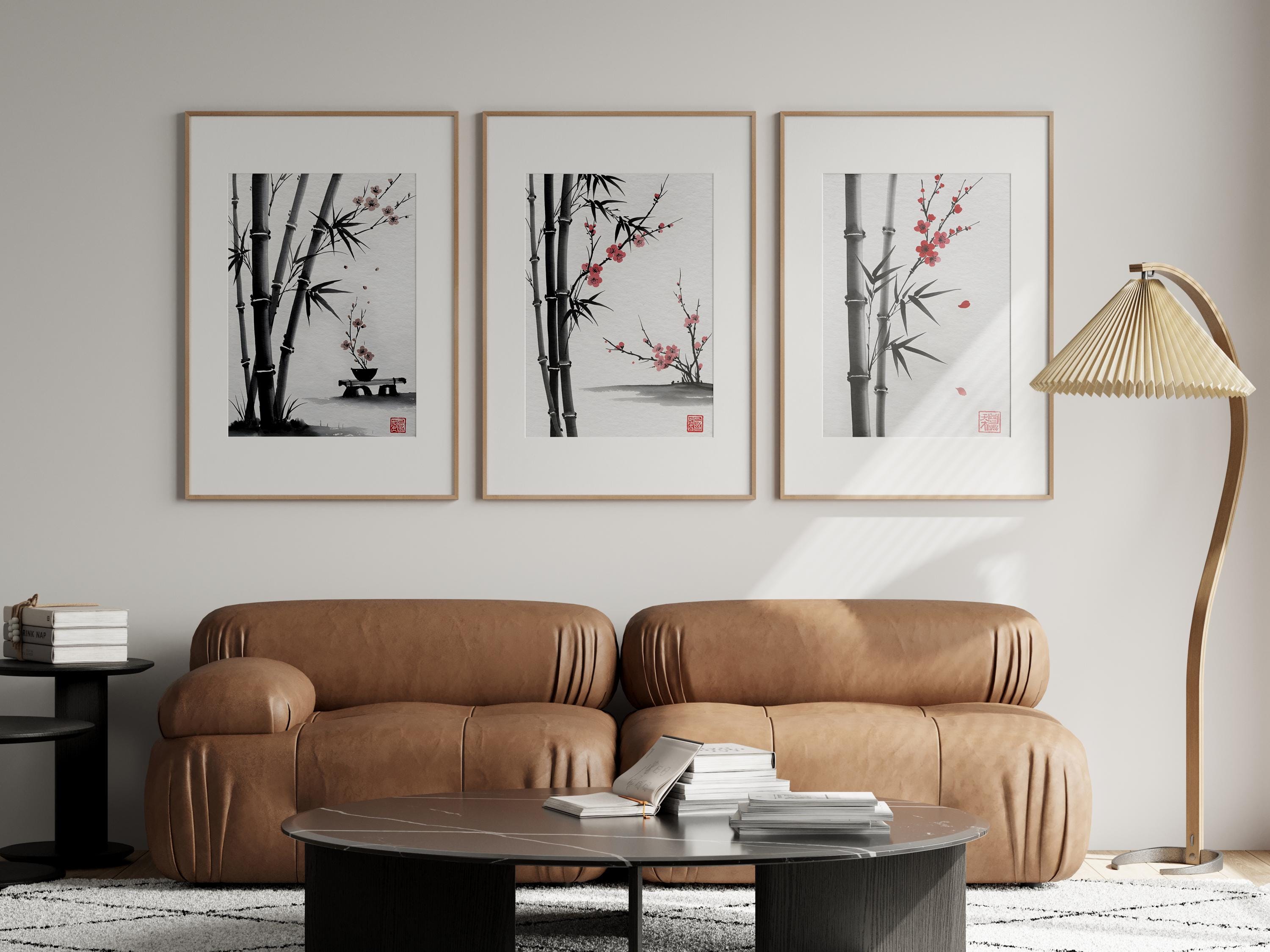 Japanese Sumi-e Wall Art Set, Minimalist Bamboo Ink Wash Print,wabi ...