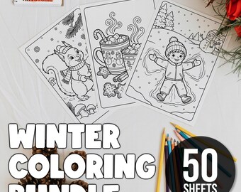 50 Winter Coloring Pages for Kids, Cozy Winter Activity Book, Snow & Holiday Coloring Sheets PDF, Printable Kawaii Winter Christmas Pages