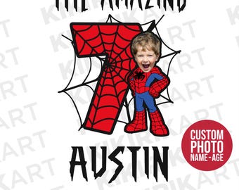 May include: A personalized birthday party design featuring a red and black Spiderman character with a web design. The number 7 is in the background and the text "THE AMAZING AUSTIN" is at the top of the design. The design is for a custom photo with the name and age of the child.