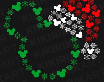 May include: A festive design on a black background, featuring a heart shape composed of green Mickey Mouse heads, snowflakes, and red and white Mickey Mouse heads and snowflakes. The design is a vector graphic, available in AI, SVG, PNG, and EPS formats.