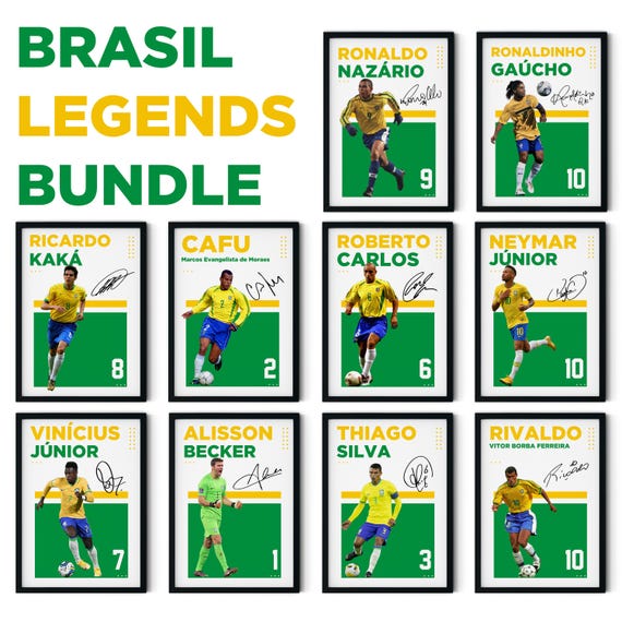 Brazil Football Legends Wall Art Bundle | 10 Soccer Icons Printable Poster Set | Digital Download | Ronaldo, Ronaldinho, Neymar & More