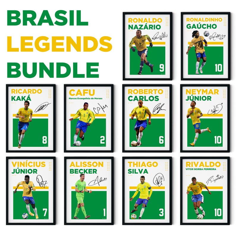 May include: A collection of framed Brazil Legends soccer player prints. Each print features a player in a yellow jersey, with their name, signature, and jersey number. The prints are set against a green background.