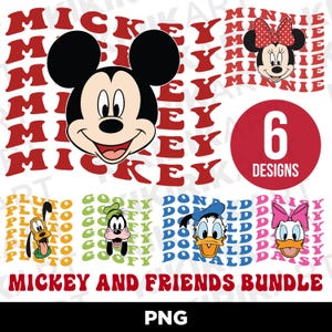 May include: A digital download bundle of six cartoon character designs featuring Mickey Mouse, Minnie Mouse, Pluto, Goofy, Donald Duck, and Daisy Duck. Each character is depicted in a retro style with their name repeated in a colourful pattern. The text "Mickey and Friends Bundle" and "PNG" are also included in the image.