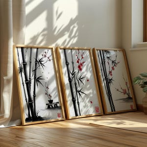 Japanisches Sumi-e Wand-Kunst-Set, minimalistischer Bambusdruck, Wabi Sabi Kirschblüten Poster, Zen Monochrome digitale Kunst, asiatisches Wohndekor