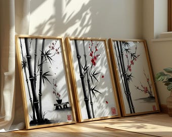 Japanese Sumi-e Wall Art Set, Minimalist Bamboo Ink Wash Print,Wabi Sabi Cherry Blossom Poster, Zen Monochrome Digital Art, Asian Home Decor