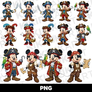 May include: A selection of cartoon pirate characters, each depicting a mouse in a pirate costume. The characters are dressed in various pirate outfits, including tricorn hats, eye patches, and swords. Some characters have parrots.