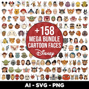 Könnte beinhalten: Eine digitale Sammlung von 158 Cartoon-Charaktergesichtern mit verschiedenen animierten Figuren in einem Raster. Ein großes rotes kreisförmiges Abzeichen in der Mitte zeigt den Text +158 MEGA BUNDLE CARTOON FACES Disney. Unten steht AI, SVG, PNG.