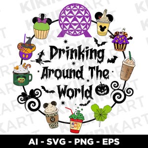 May include: A digital graphic design featuring the text Drinking Around The World in a black jagged font, surrounded by a circular arrangement of Halloween-themed snacks, drinks, bats, and a purple geodesic dome icon on a white background.