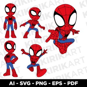 May include: A collection of five cartoon Spider-Man illustrations in various poses. Each figure is primarily red and blue, with a black spider emblem on the chest. The figures have large white eyes and are set against a white background. Text at the bottom reads "AI - SVG - PNG - EPS - PDF".