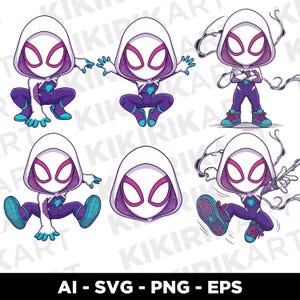 Pode incluir: Uma coleção de seis ilustrações digitais apresentando um personagem estilo chibi em um traje branco com capuz, detalhes roxos, lentes oculares rosas e calçados verde-azulados, representado em várias poses de ação distintas.