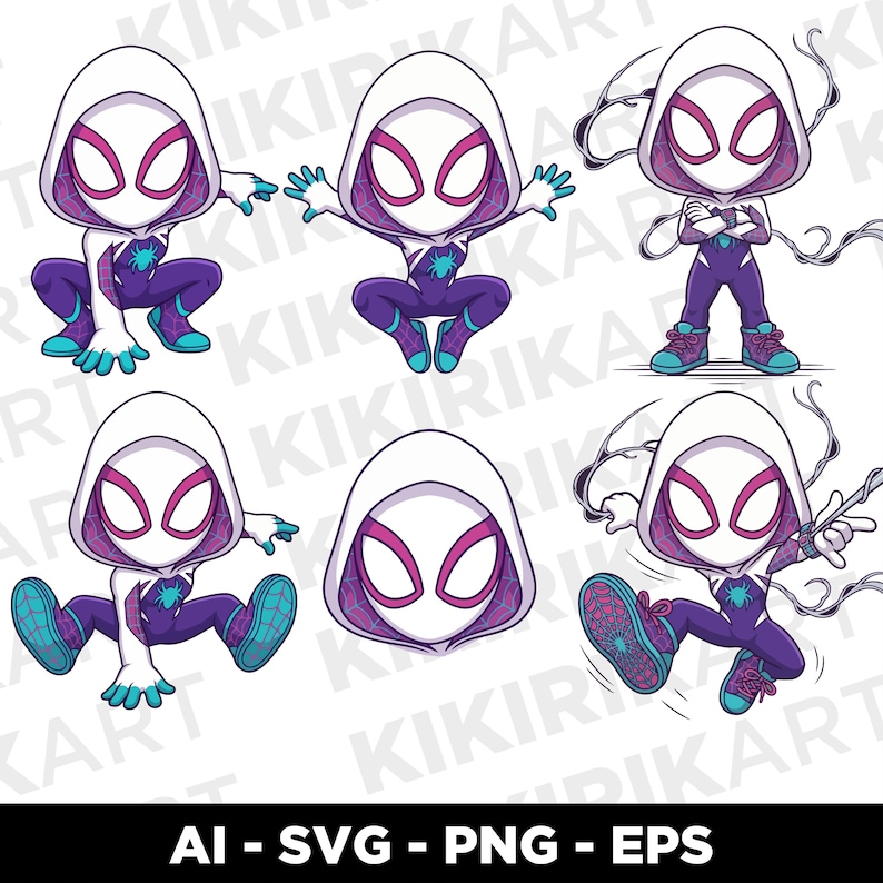 May include: A collection of six digital illustrations featuring a chibi-style character in a white hooded suit with purple accents, pink eye lenses, and teal footwear. The character is depicted in various action poses, including crouching, jumping, and standing.