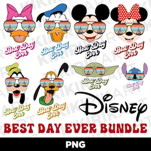May include: A set of 10 digital clipart images featuring various Disney characters wearing sunglasses with a retro rainbow design. Each character has a speech bubble with the text "Best Day Ever". The characters include Mickey Mouse, Minnie Mouse, Donald Duck, Goofy, Pluto, Stitch, and Yoda.
