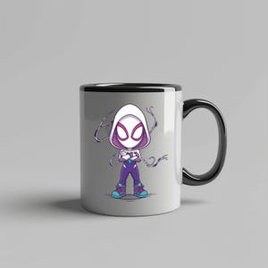 May include: A white ceramic mug with a black handle and rim, featuring a graphic illustration of a stylized character in a white hooded suit with purple accents, pink eye lenses, and teal sneakers, standing with arms crossed against a white background.