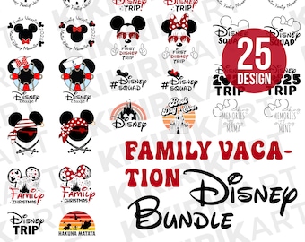May include: A set of 25 Disney-themed SVG, PNG, and EPS files for crafting projects. The designs feature Mickey Mouse, Minnie Mouse, and other Disney characters, as well as phrases like "Disney Trip" and "Family Vacation".