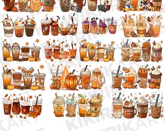 Pacchetto PNG di spezie di zucca, set di clipart di caffè autunnale, PNG di bevande autunnali, graziose illustrazioni di latte alla zucca, pacchetto di illustrazioni di caffè di Halloween