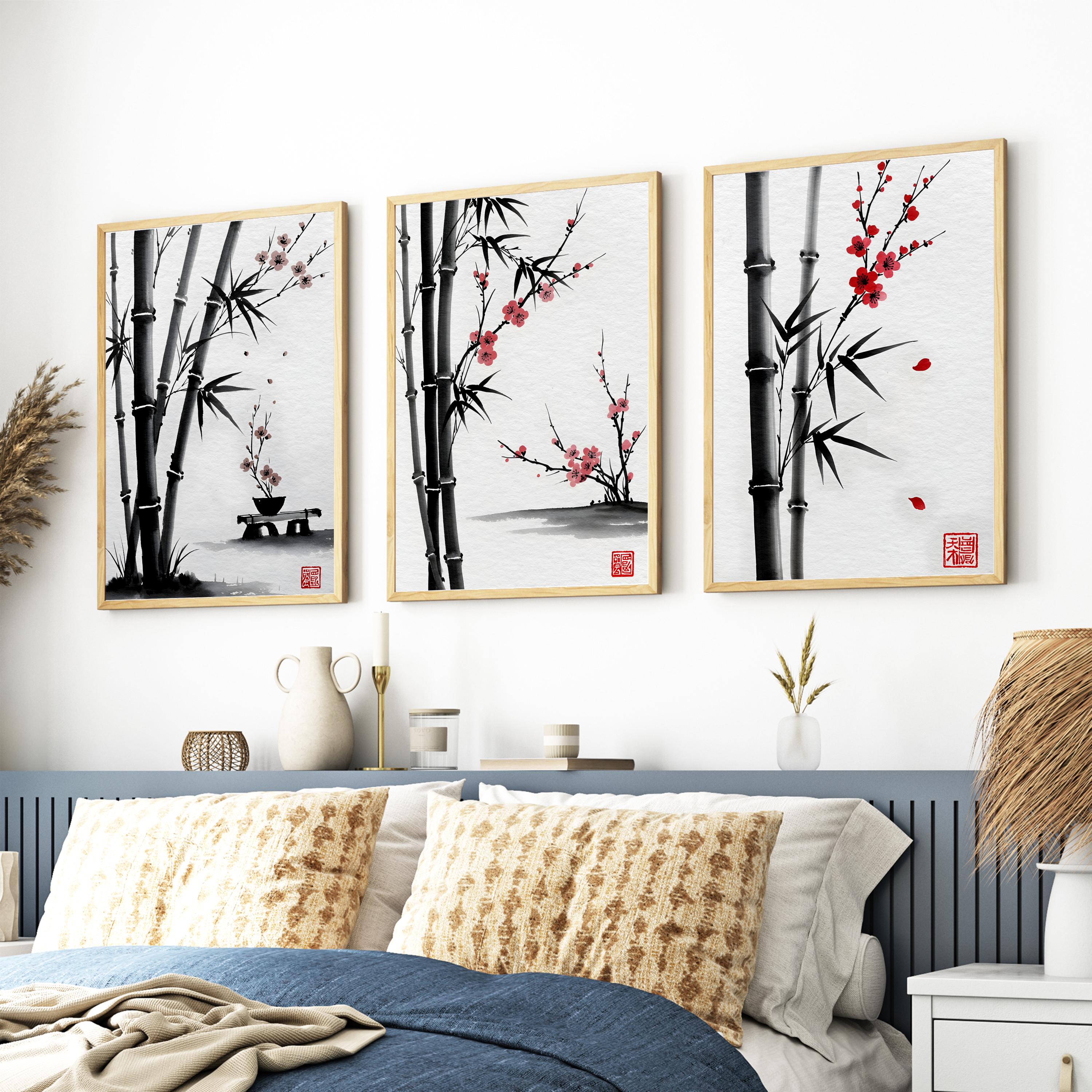 Japanese Sumi-e Wall Art Set, Minimalist Bamboo Ink Wash Print,wabi ...