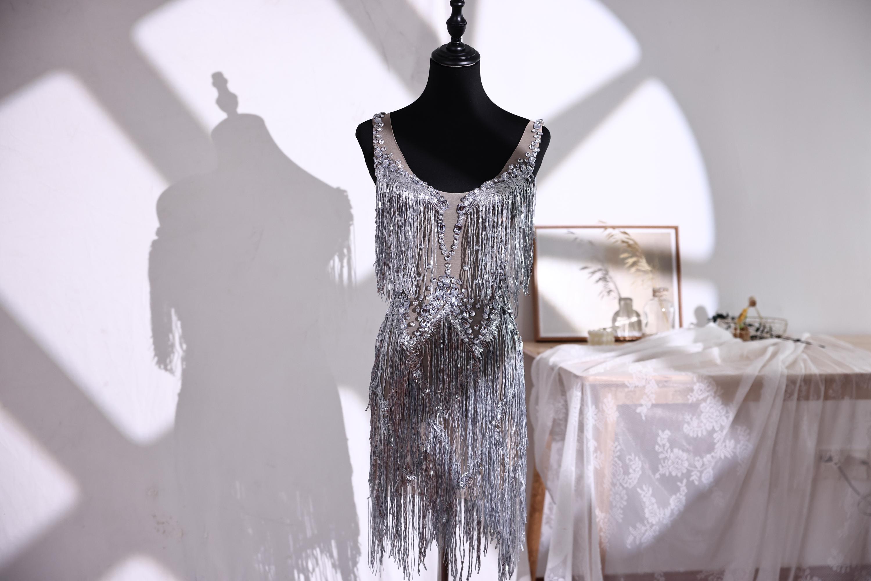 silver dress dance Silver Sequin Fringe Performance Dress, Rhinestone Dance Costume, Stage  Show Outfit, Latin Jazz Party Dress