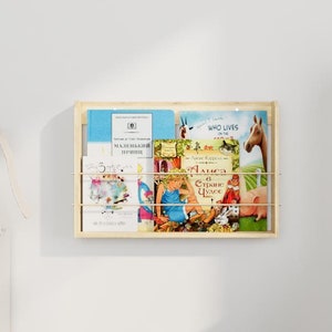 Minimalist Montessori Wooden Display Shelf for Childrens Books, Wall-Mounted Books Storage, Natural Wood Bookshelf for Kids