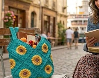 Handmade Crochet Sunflower Bag, Teal Granny Square Tote, 100% Cotton Boho Shoulder Bag, Hippie Summer Purse, Retro Flower Tote,Unique Gift