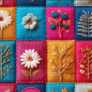 May include: A grid of square fabric patches featuring various embroidered botanical designs including white daisies, blue berries, golden branches, and fern leaves. Each patch is stitched in vibrant colors like magenta, teal, yellow, and blue.