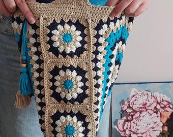 Großmutter Quadrat Gehäkelte Tragetasche, Boho Nautische Baumwolle Umhängetasche, Handgemachte Hippie Strand Geldbörse