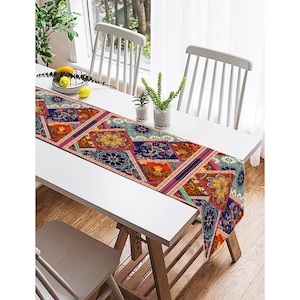 Boho Patchwork Table Runner, Vintage Ethnic Mandala Rachel Velvet Table Runner, Colorful  Kilim Dining Decor, Washable Table Linen