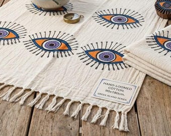 Evil Eye Turkish Towel, 100% Cotton Peshtemal, Boho Beach Blanket, Nazar Bead Throw (35x70")