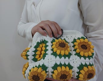 Handmade Crochet Sunflower Granny Square Clutch Bag