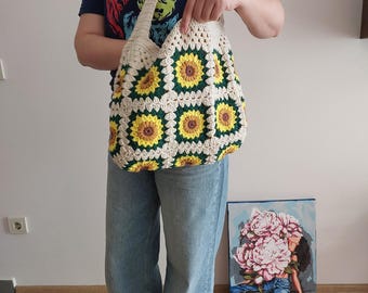 Handmade Sunflower Crochet Tote Bag, Floral Granny Square Summer Purse, Boho Cotton Handbag