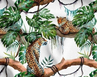 Leopard Jungle Fabric, Tropical Monstera Leaf Print, Cheetah Animal Decor, Poly-Cotton (143cm Wide)