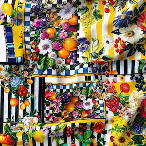 Möbeltyg med lapptäcke och blommigt citronmönster, metervara