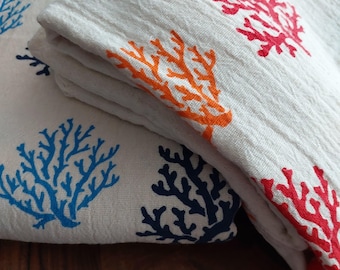 Türkisches Handtuch Coral Reef, 100% Baumwolle Peshtemal, handbedruckter Musselin-Überwurf, Strand-Wrap, nautische Decke