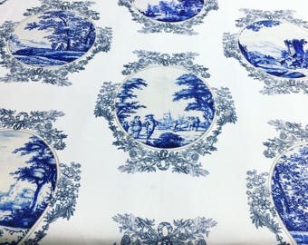 Tela Toile de Jouy azul, cortina de tapicería de algodón estilo campestre francés (se vende por metro).
