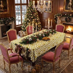 May include: A rectangular dining table covered with a white and mustard yellow geometric patterned tablecloth, surrounded by six pink velvet chairs with gold frames, featuring a centerpiece of greenery, gold ornaments, and candles.