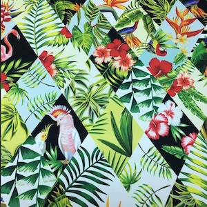 May include: A vibrant, tropical-themed fabric featuring a patchwork design of diamond shapes. The pattern includes lush green foliage, red hibiscus flowers, and colorful birds like parrots and flamingos, set against black, white, and yellow backgrounds.