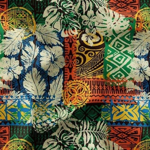 May include: A fabric featuring a vibrant, multi-colored pattern with white hibiscus flowers, tropical leaves, and pineapples layered over geometric shapes in shades of orange, green, blue, and yellow, creating a dense, repeating graphic design.