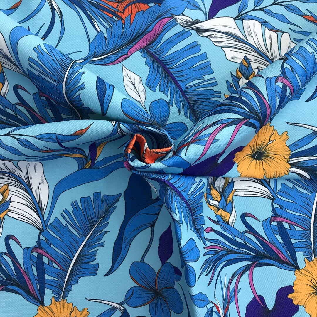 Floral Pattern Large Blue Leaves Print Upholstery Fabric by the Meter ...