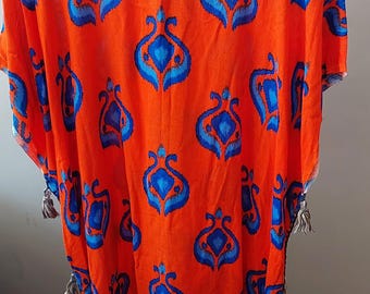 Orange Blue Ikat Kaftan Dress, Bohemian Tassel Tunic, Cotton Beach Cover Up